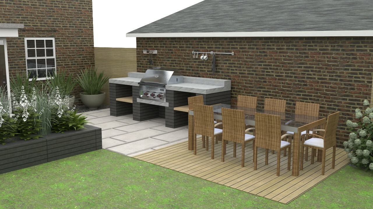 a 3D mockup of a garden designed by Willow Alexander featuring a sustainable wooden decking with garden table and chairs and a tiled wooden patio with outdoor grill and serving stations